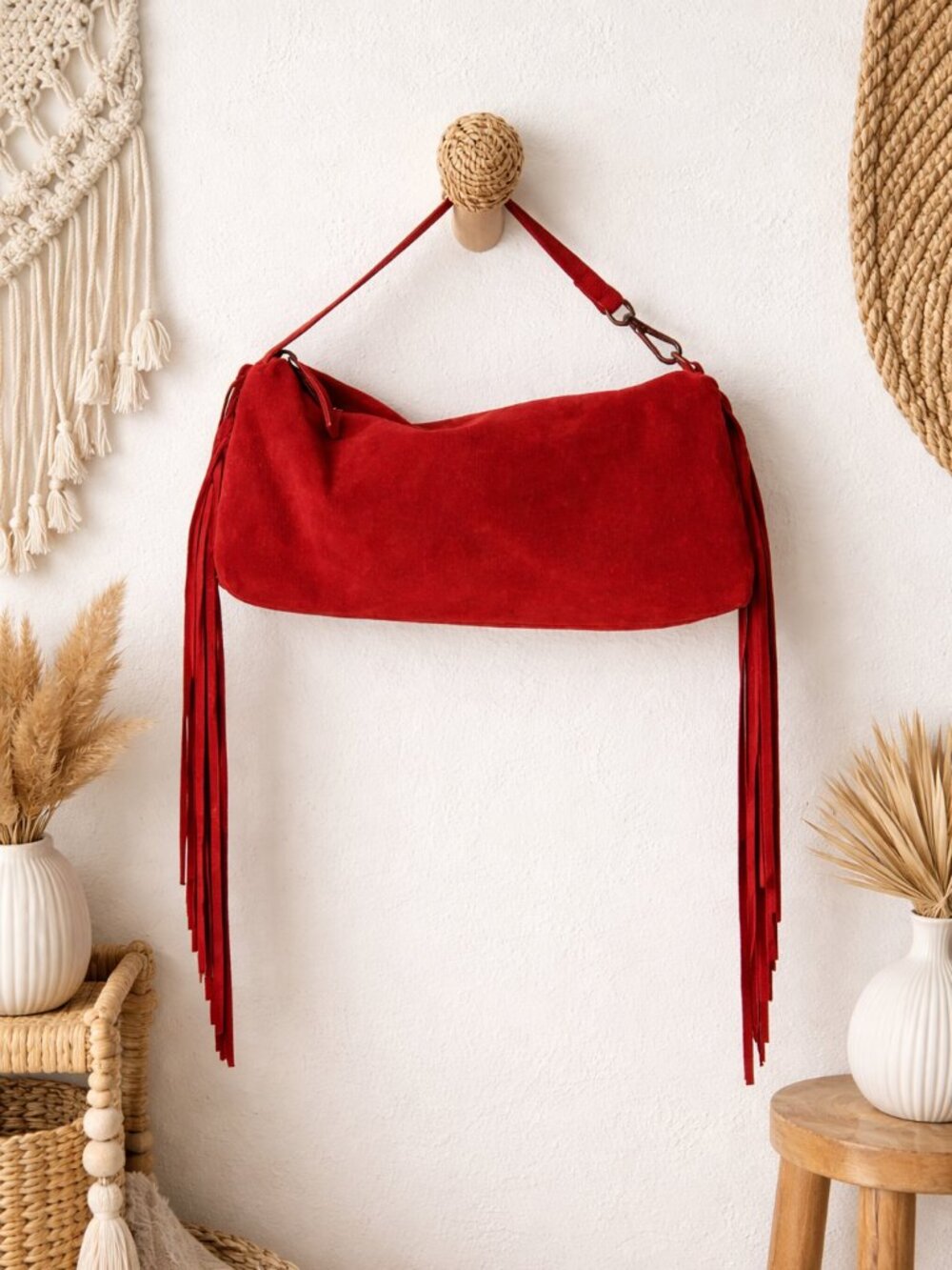 FREE PEOPLE Finn Fringed Suede Shoulder Bag In Red NWT